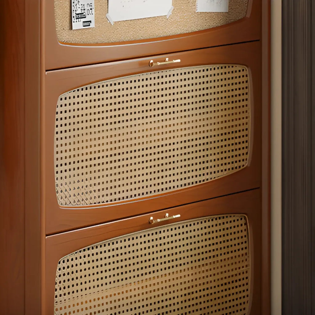 Entryway 3-Tier Drop-Front Rattan Solid Wood Shoe Cabinet