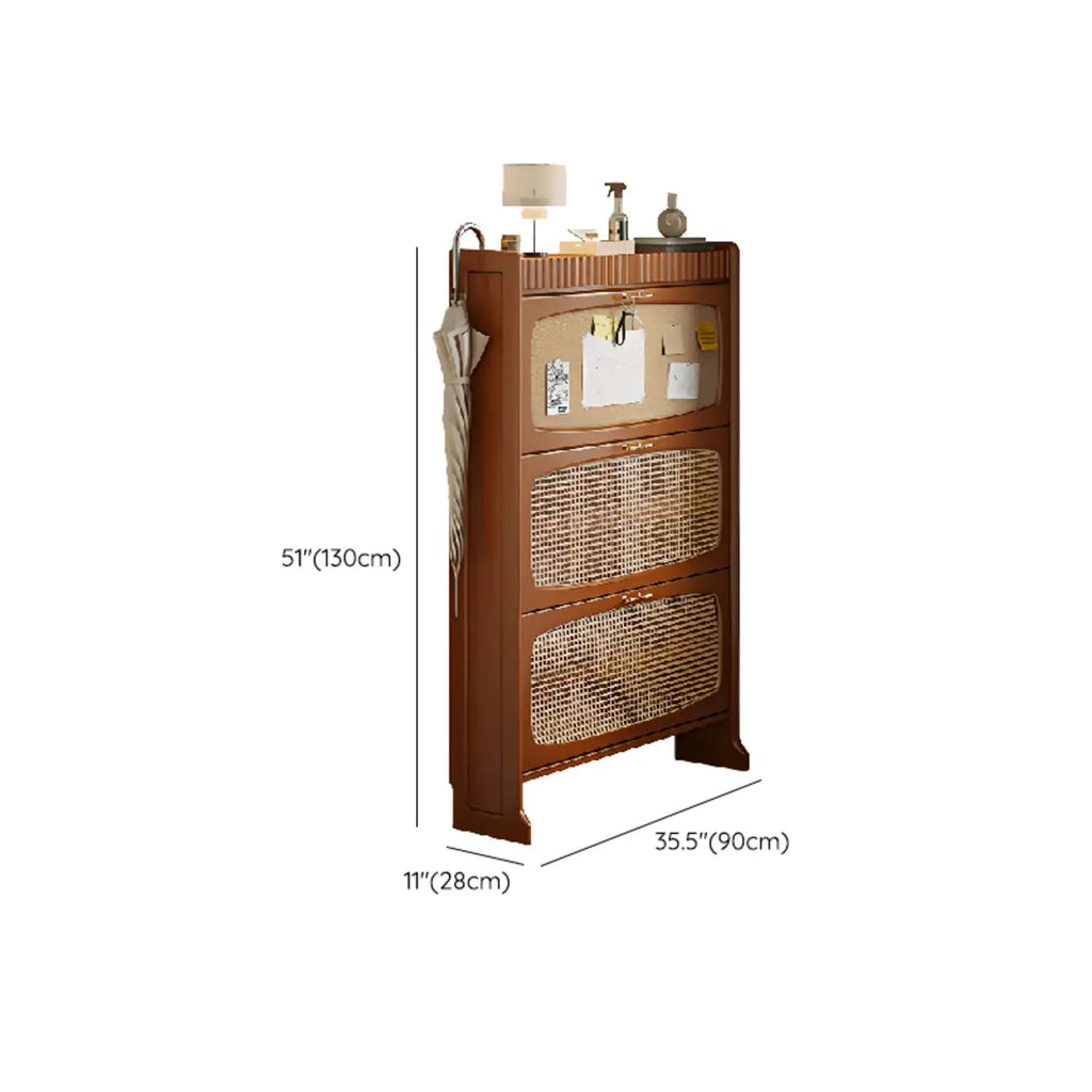 Entryway 3-Tier Drop-Front Rattan Solid Wood Shoe Cabinet