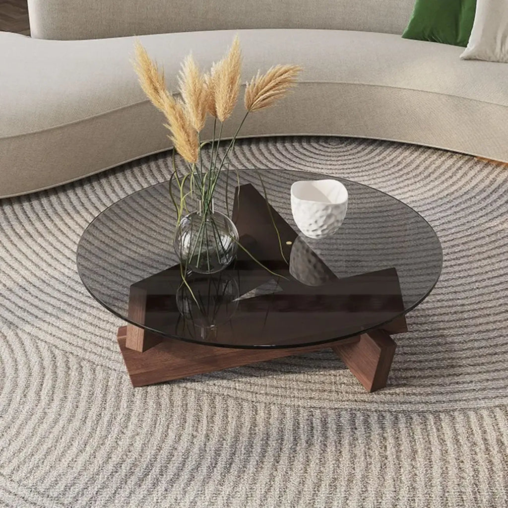Minimalist Rubberwood Round Glass Coffee Table