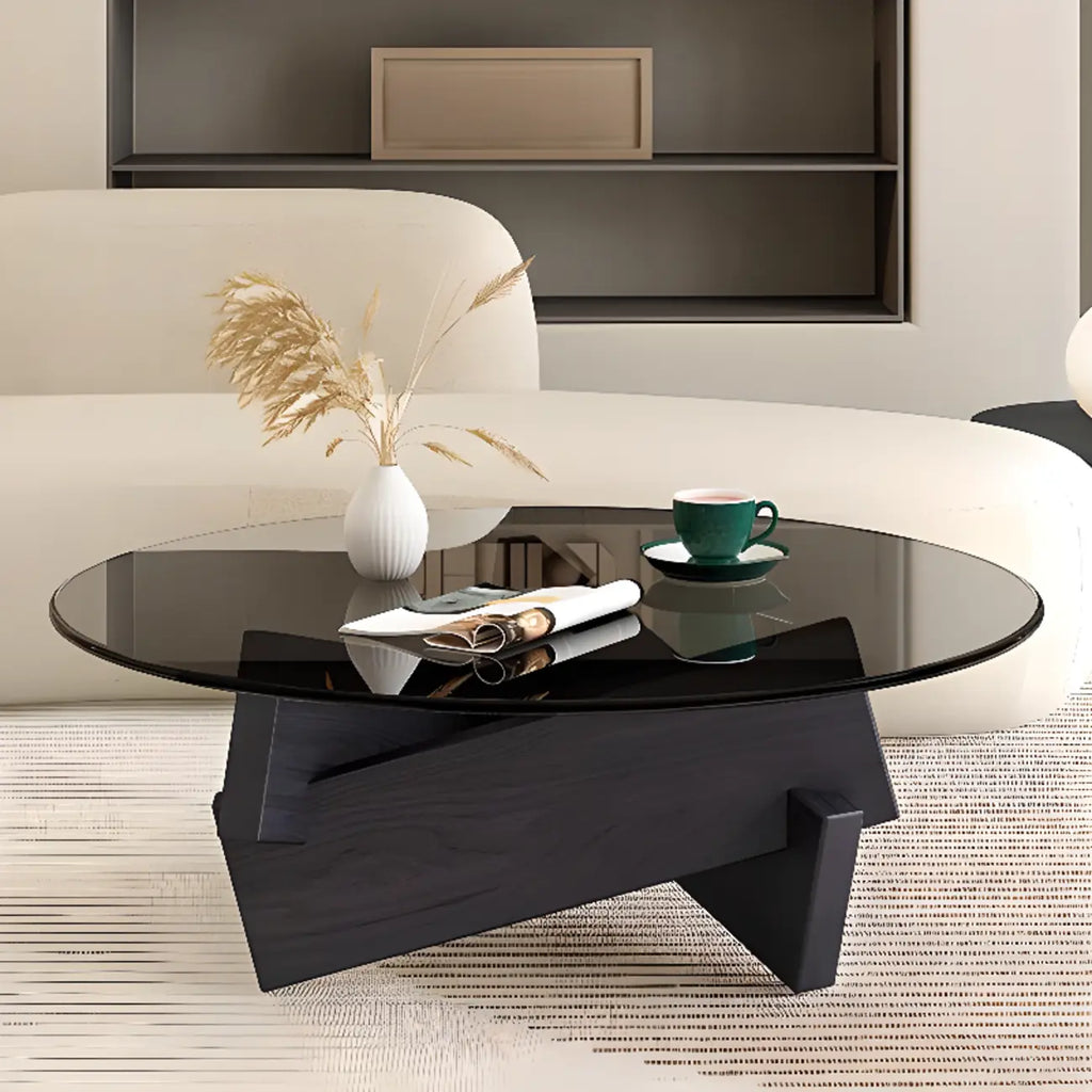 Minimalist Rubberwood Round Glass Coffee Table