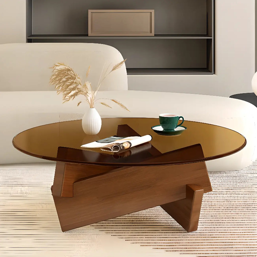 Minimalist Rubberwood Round Glass Coffee Table