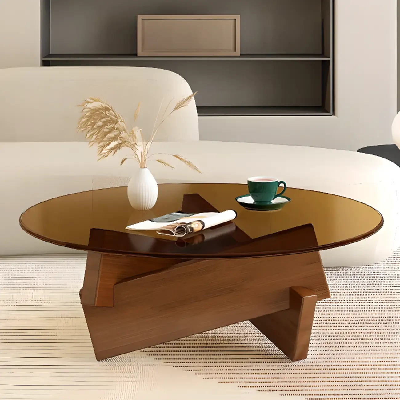 Minimalist Rubberwood Round Glass Coffee Table