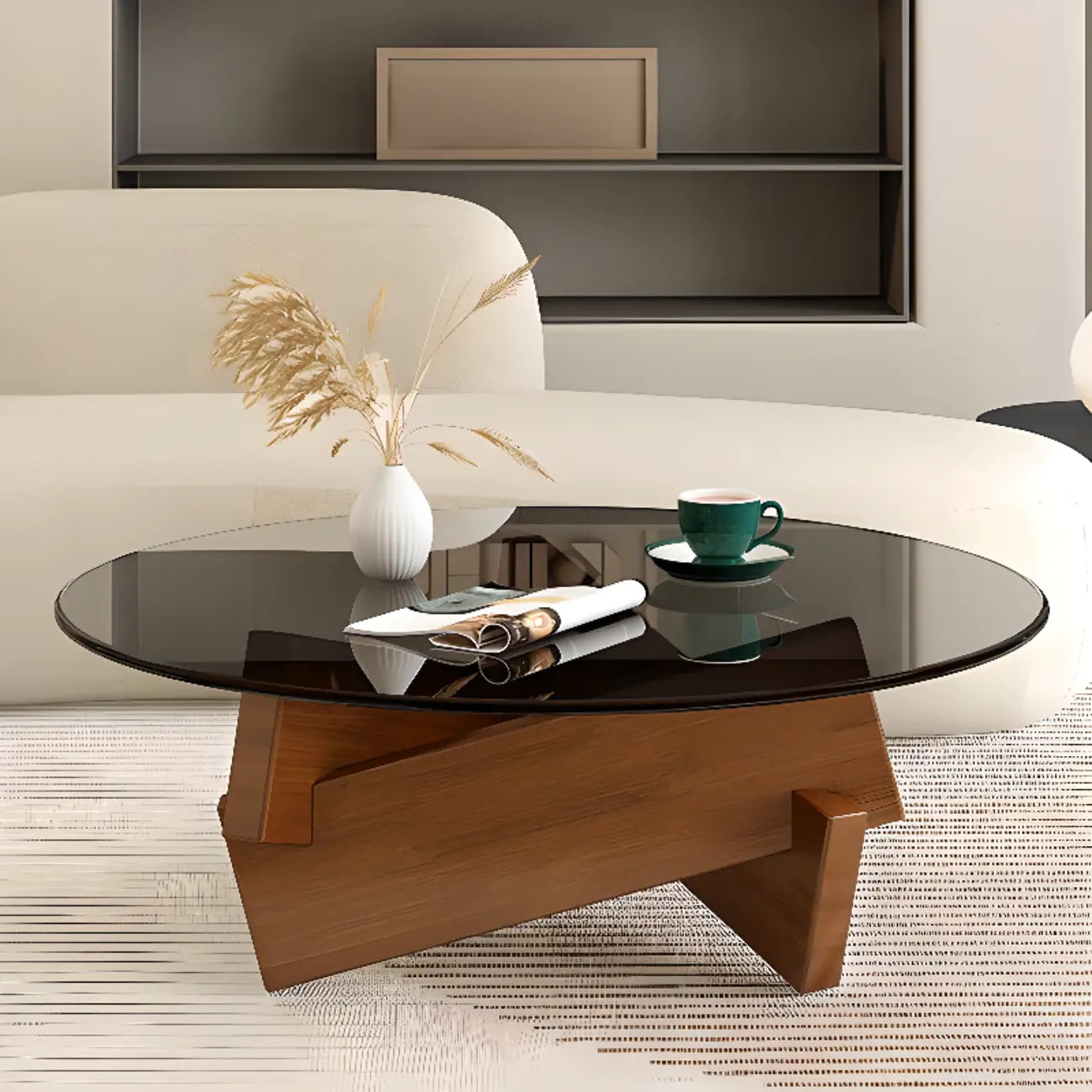 Minimalist Rubberwood Round Glass Coffee Table