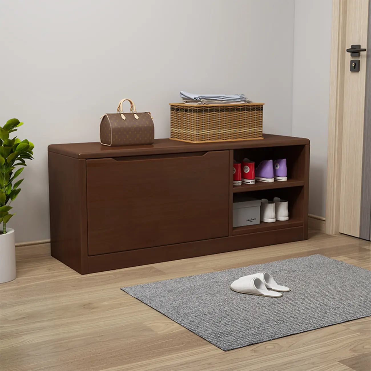 Solid Wood Drop Front Entryway Shoe Storage Bench