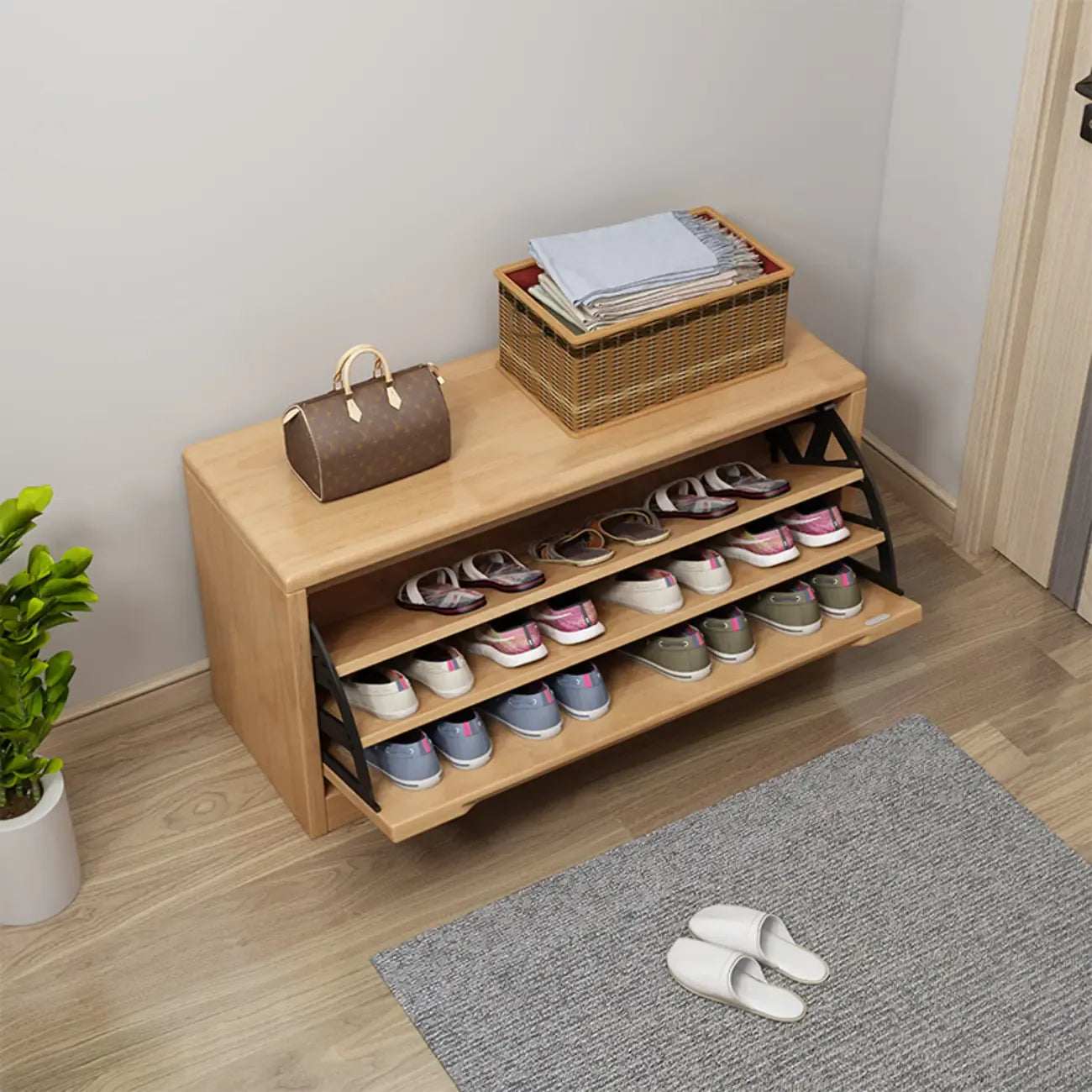 Solid Wood Drop Front Entryway Shoe Storage Bench