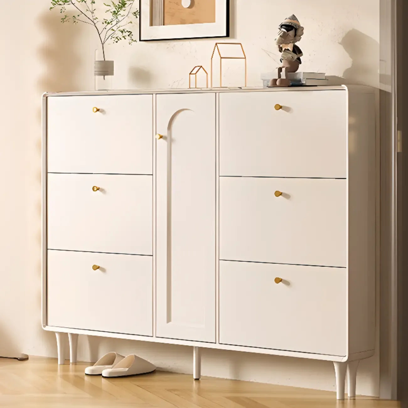 Beige Wood Entryway Shoe Cabinet with Hidden Storage
