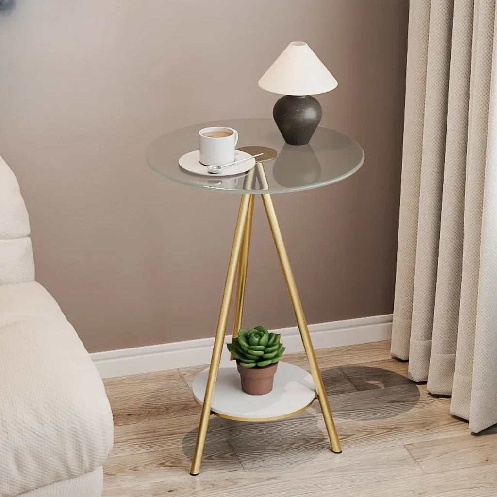 Glam Round Glass Storage End Table with Metal Legs