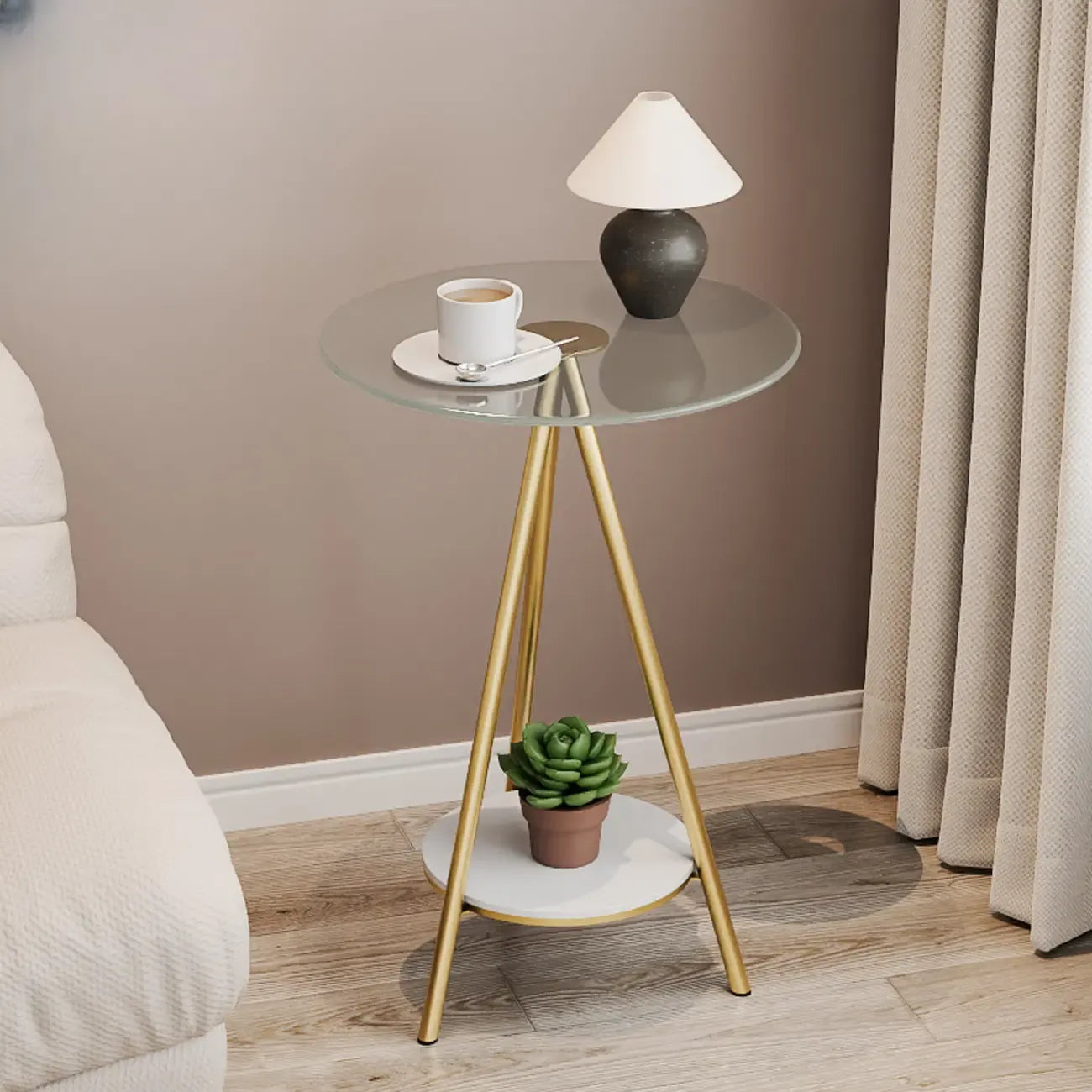 Glam Round Glass Storage End Table with Metal Legs