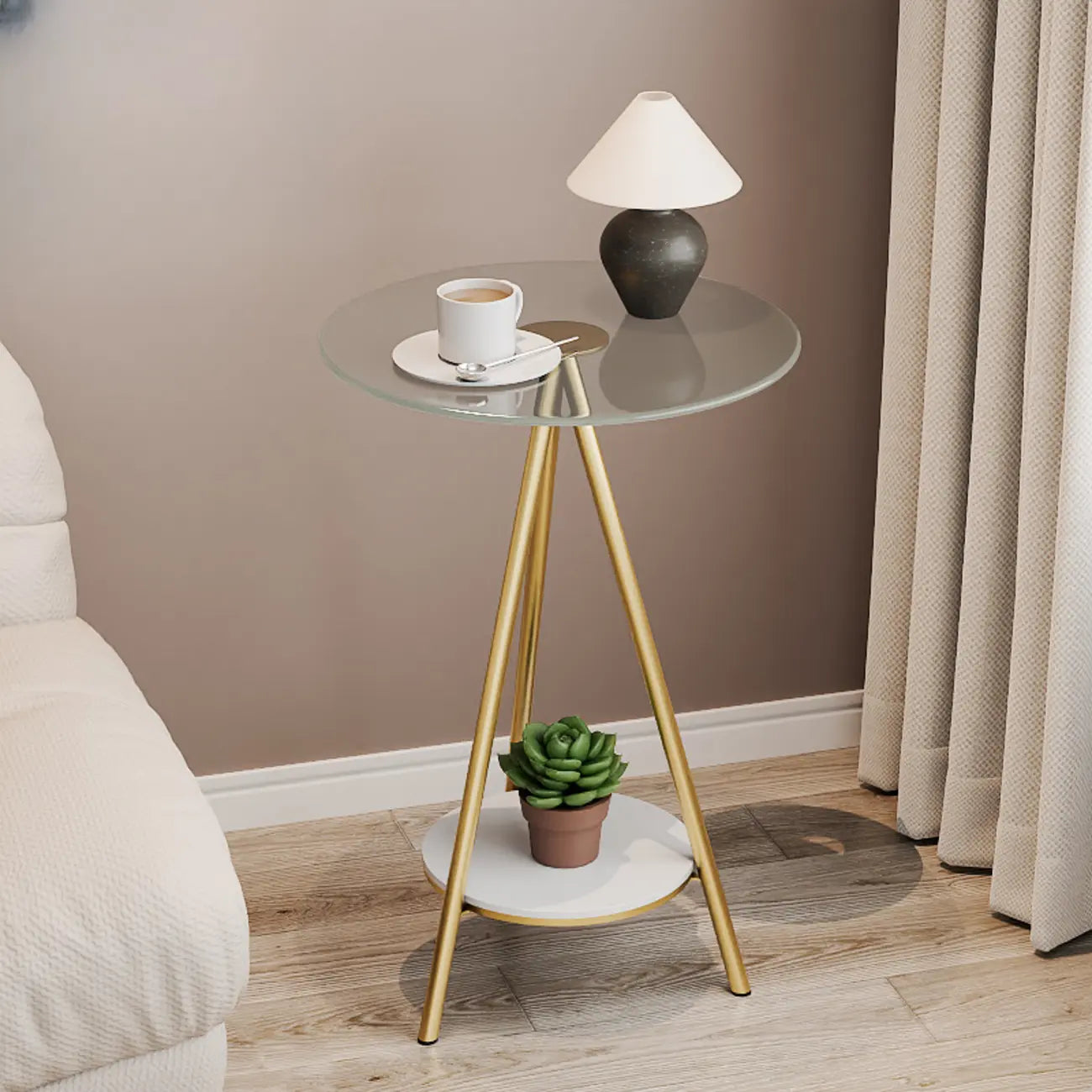 Glam Round Glass Storage End Table with Metal Legs