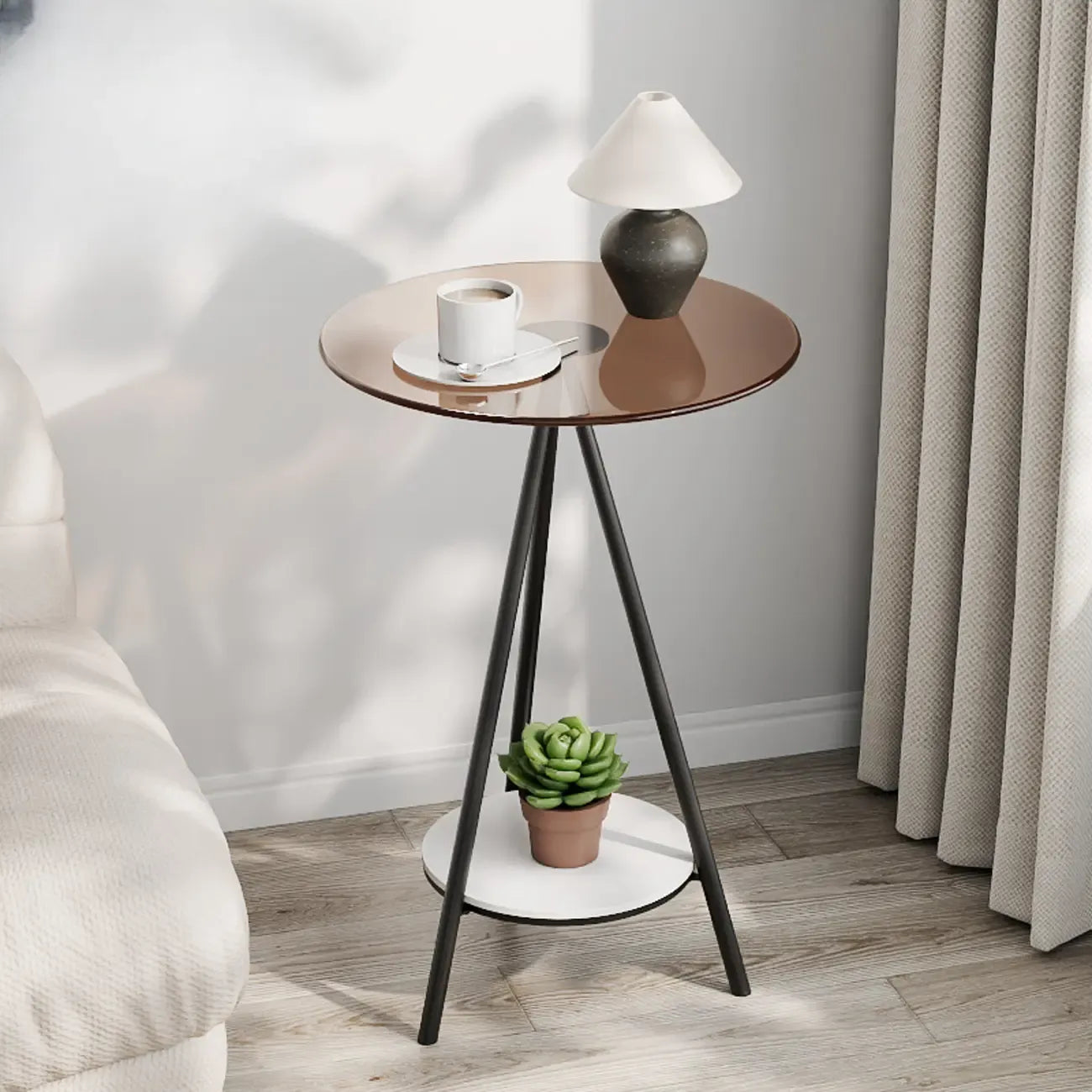 Glam Round Glass Storage End Table with Metal Legs
