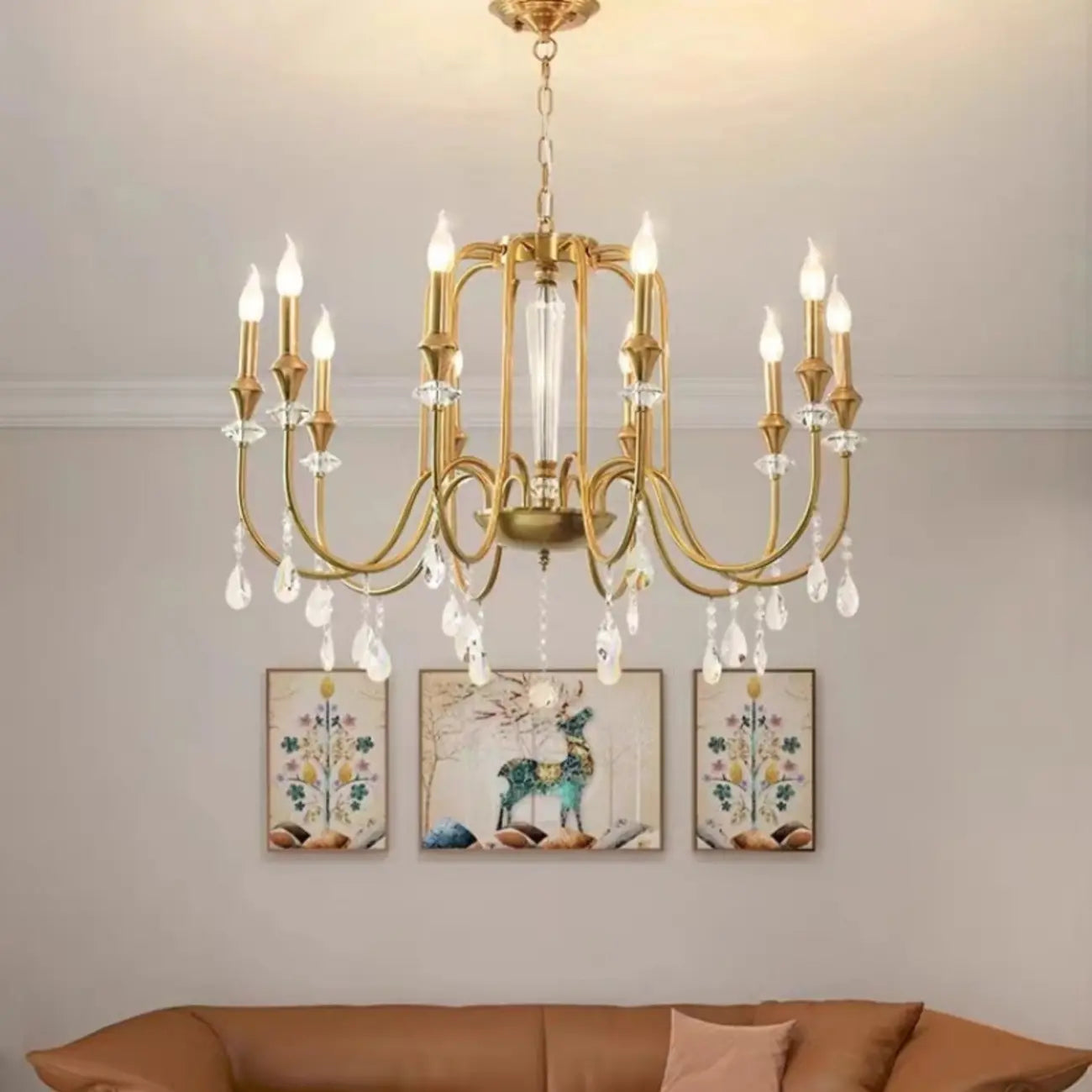 Metallic Alloy Hanging Gold Adjustable Crystal Chandelier
