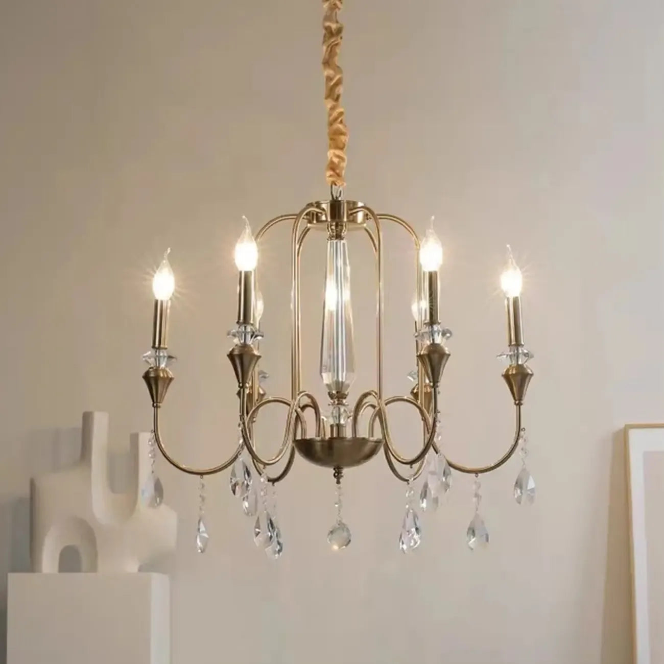 Metallic Alloy Hanging Gold Adjustable Crystal Chandelier