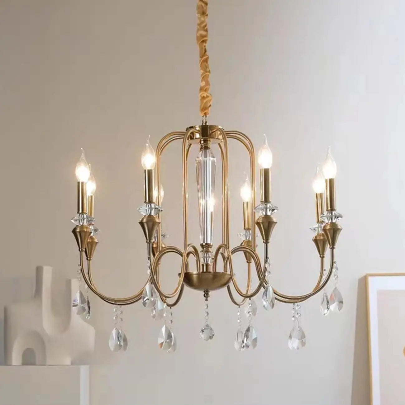 Metallic Alloy Hanging Gold Adjustable Crystal Chandelier