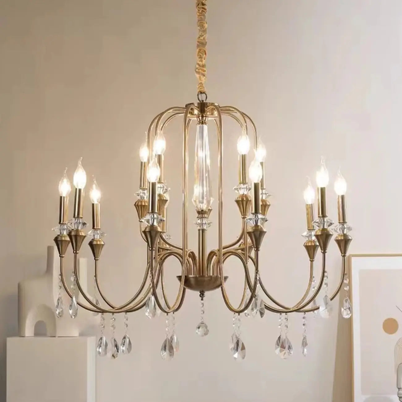 Metallic Alloy Hanging Gold Adjustable Crystal Chandelier