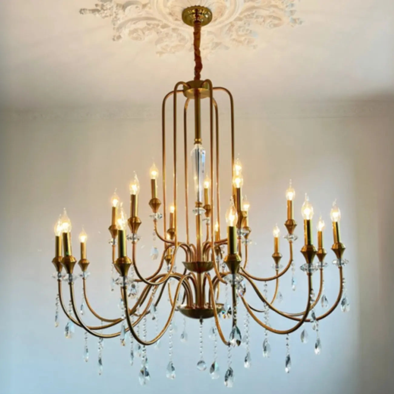 Metallic Alloy Hanging Gold Adjustable Crystal Chandelier