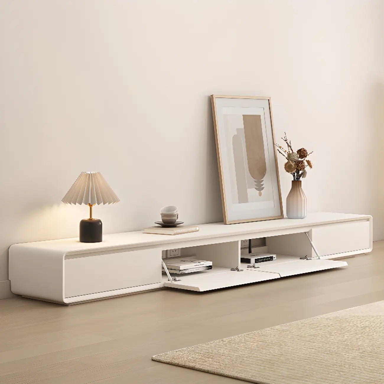 Ventilated 2 Drawers Wood Rectangular White TV Stand