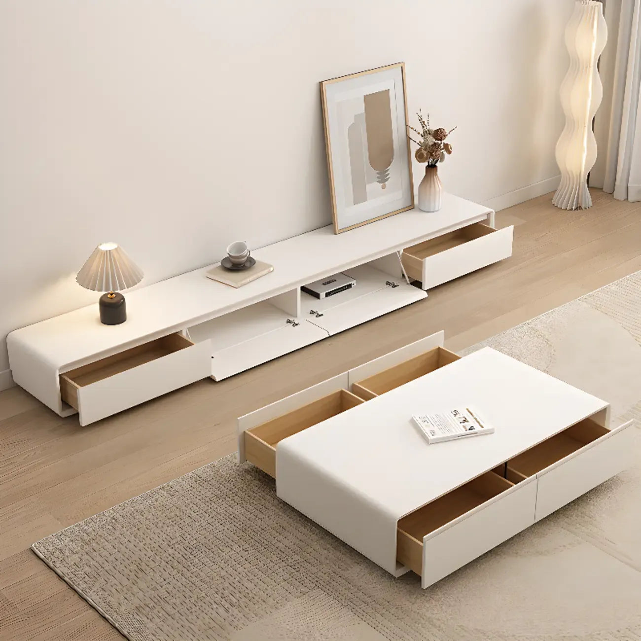 Ventilated 2 Drawers Wood Rectangular White TV Stand