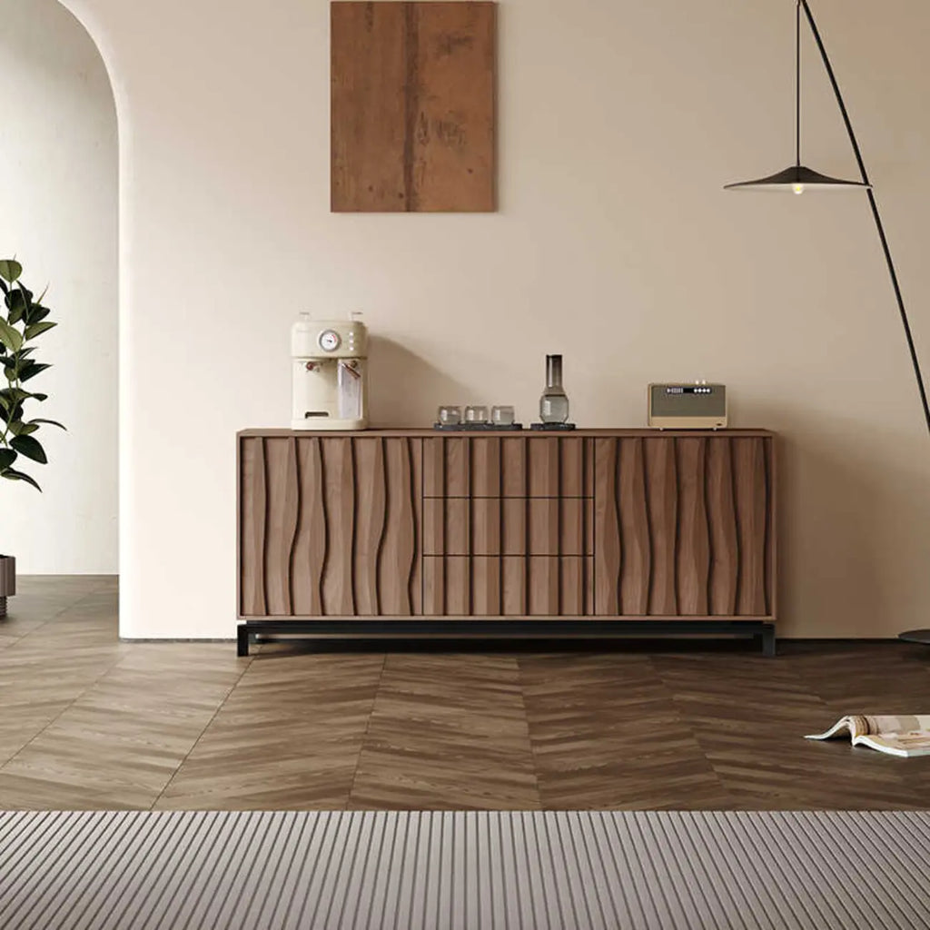 Mid-Century Modern Brown Wooden Waved Utility Storage Cabinet