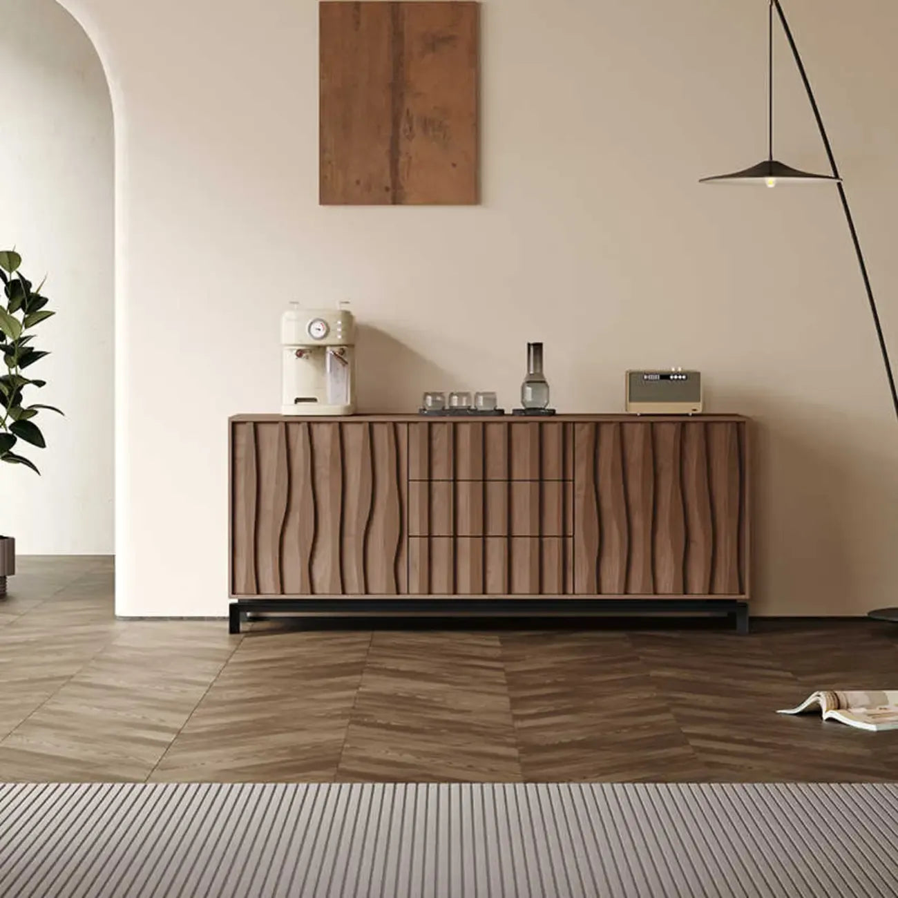 Mid-Century Modern Brown Wooden Waved Utility Storage Cabinet