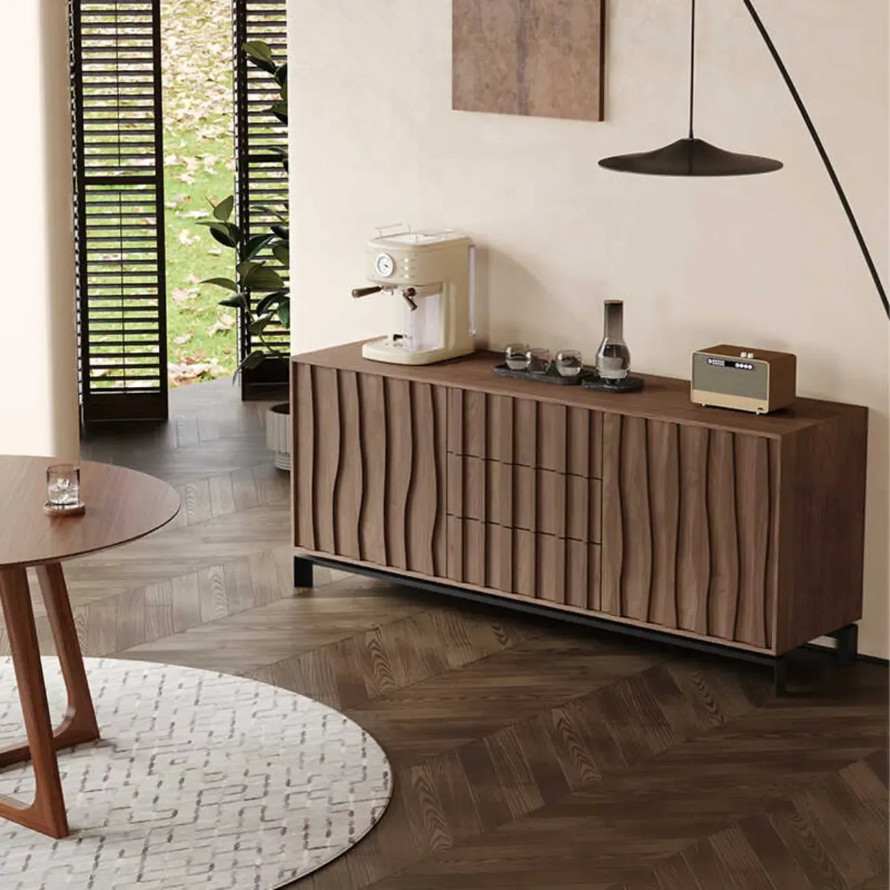 Mid-Century Modern Brown Wooden Waved Utility Storage Cabinet