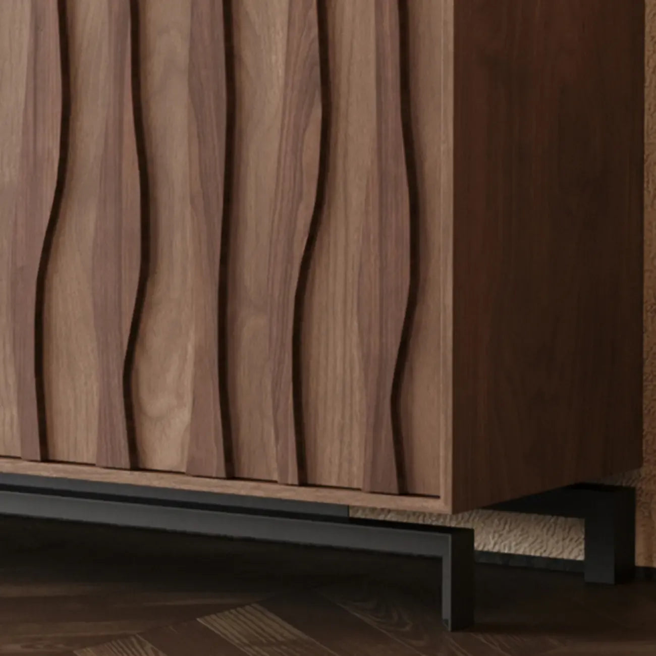 Mid-Century Modern Brown Wooden Waved Utility Storage Cabinet