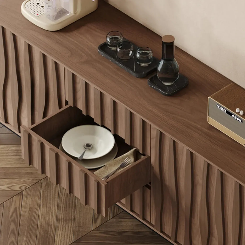 Mid-Century Modern Brown Wooden Waved Utility Storage Cabinet