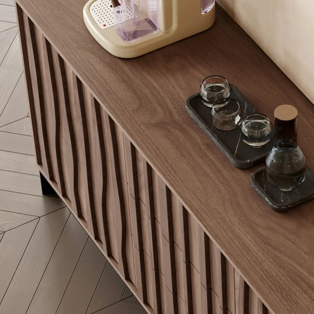 Mid-Century Modern Brown Wooden Waved Utility Storage Cabinet