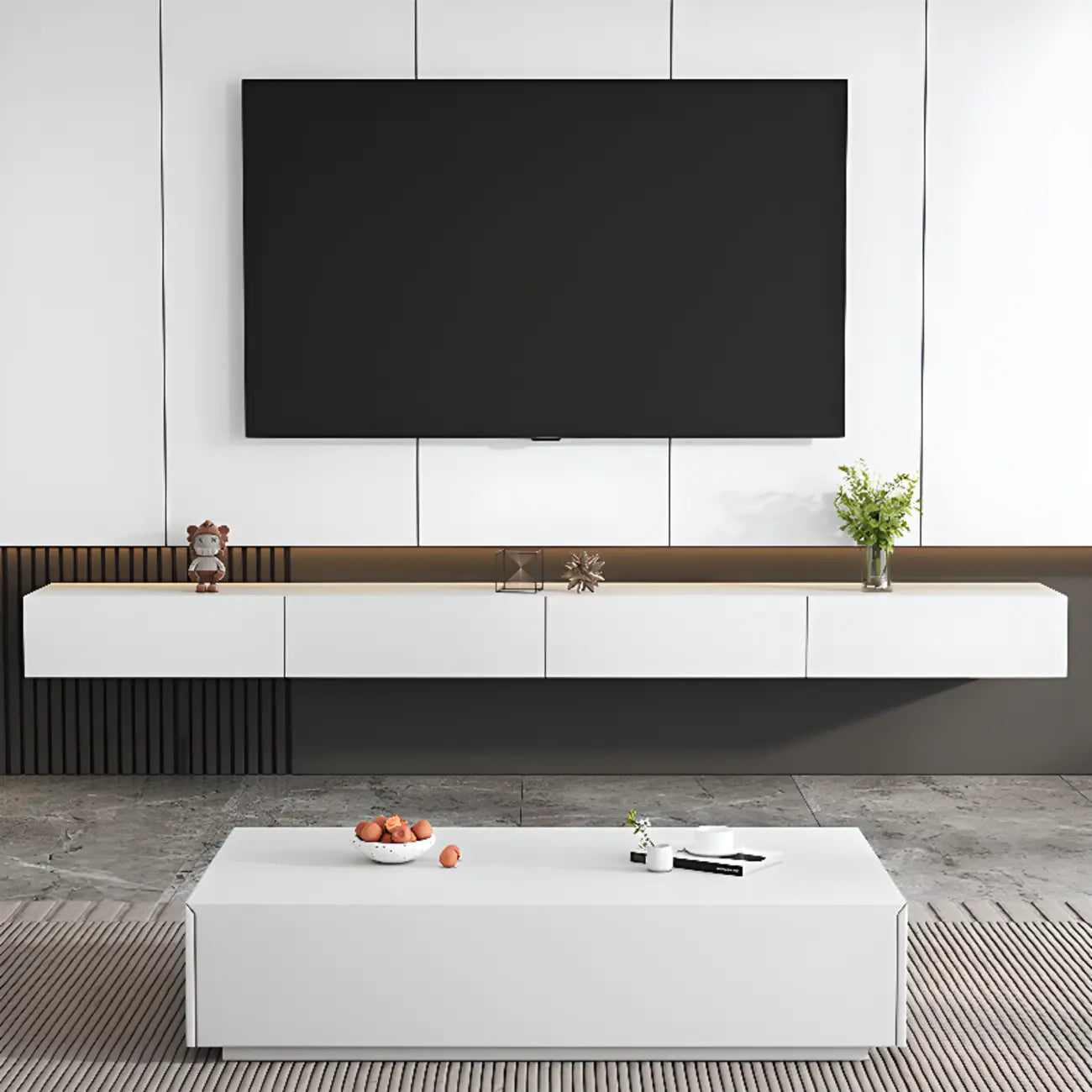71 White Rectangle Wooden Floating TV Stand with Storage