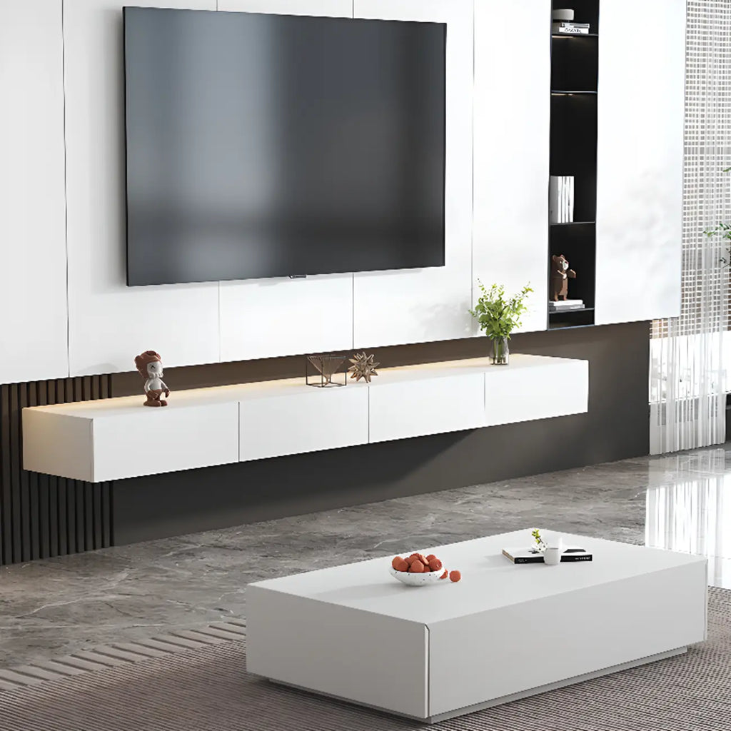 71 White Rectangle Wooden Floating TV Stand with Storage