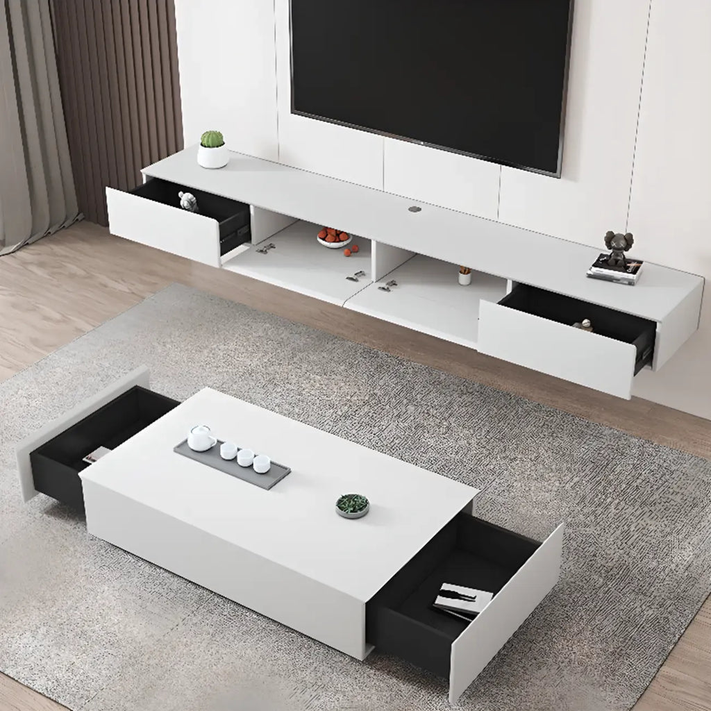 71 White Rectangle Wooden Floating TV Stand with Storage