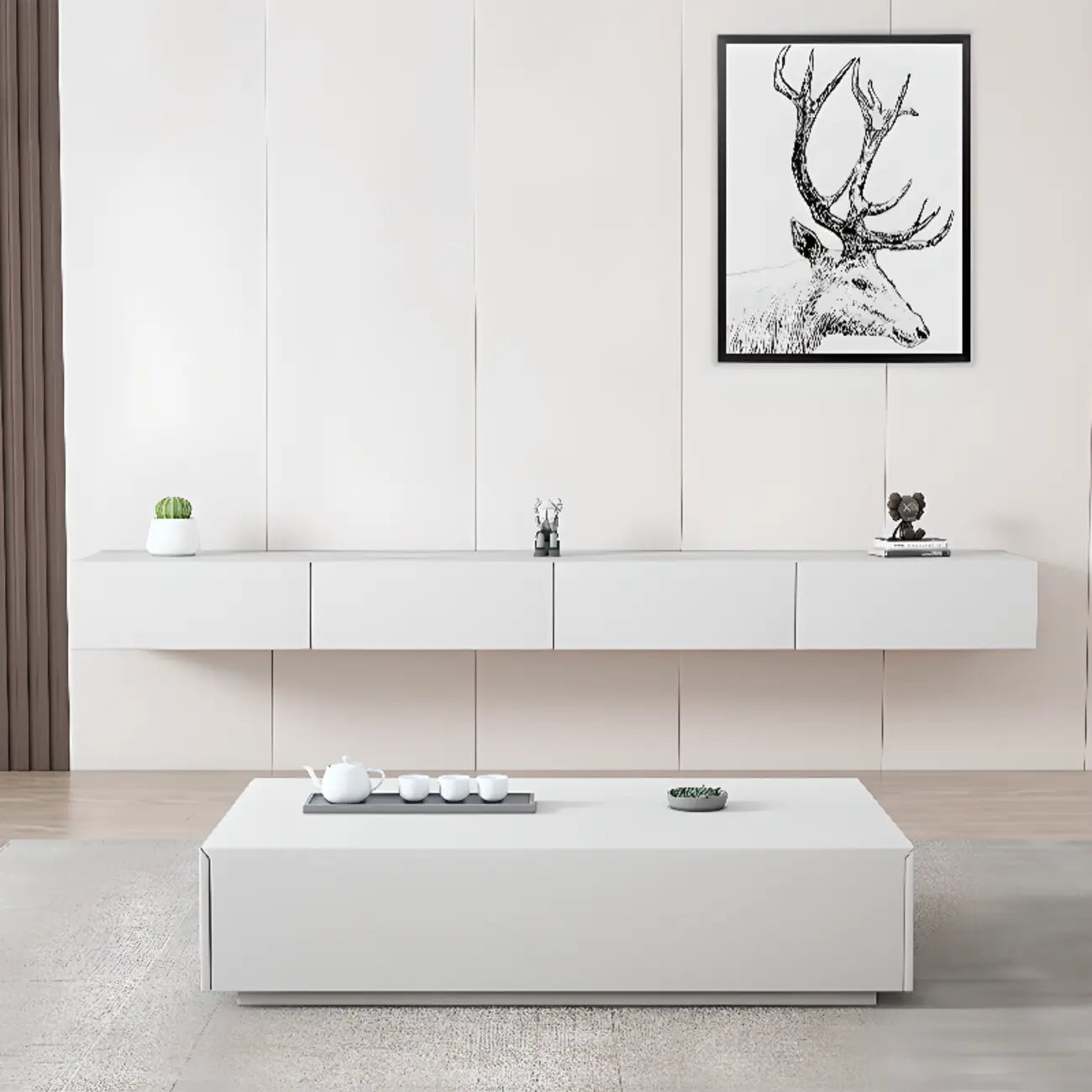 71 White Rectangle Wooden Floating TV Stand with Storage