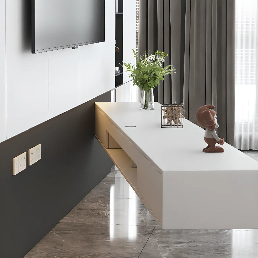 71 White Rectangle Wooden Floating TV Stand with Storage