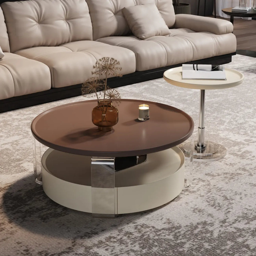 Brown Round Sleek Wooden Coffee Drawer Table