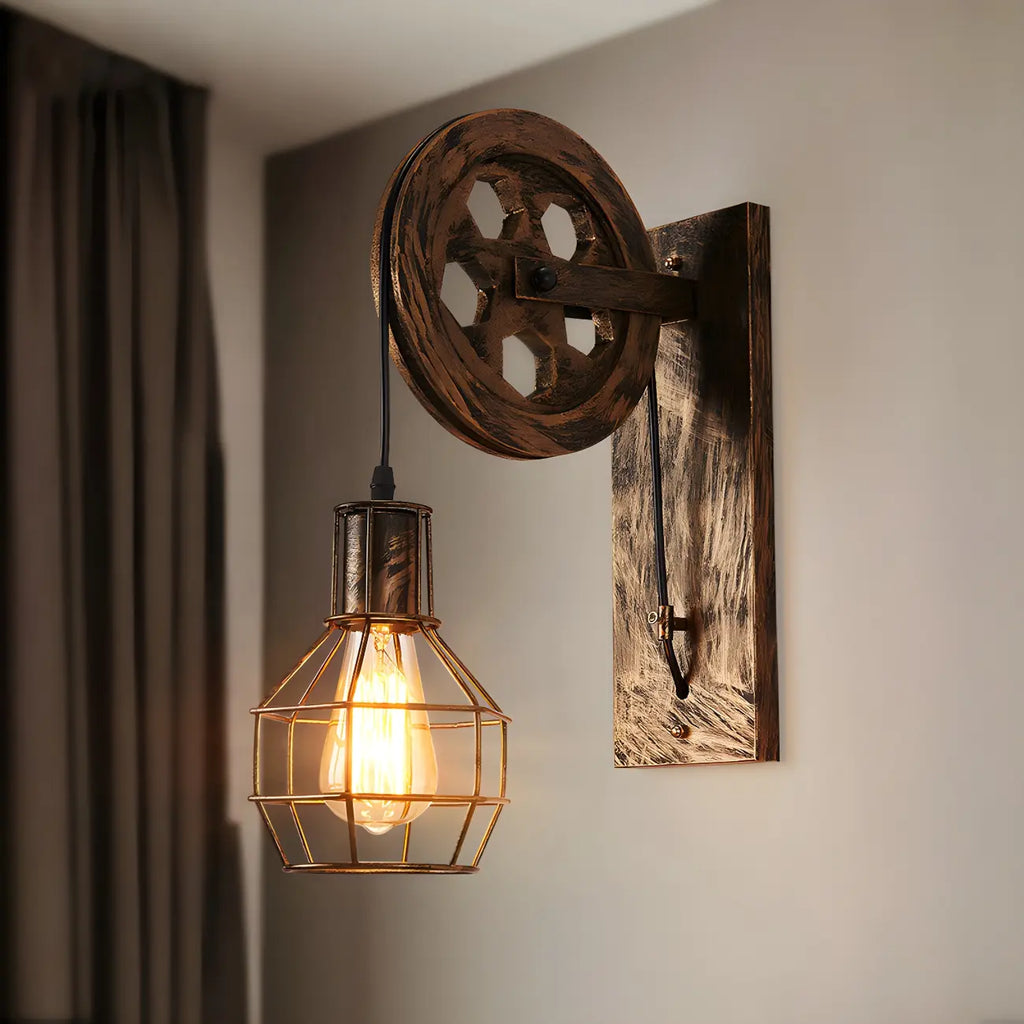 Industrial Bronze Cage Wall Sconce with Pulley & Swing Arm