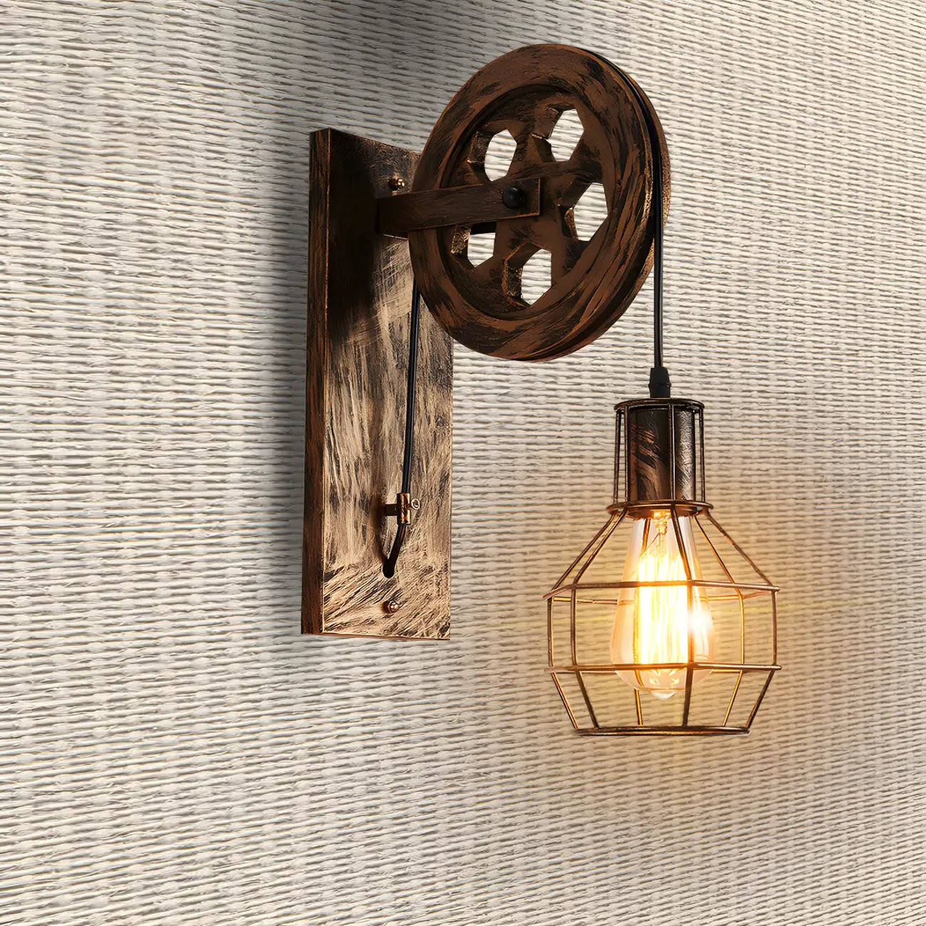 Industrial Bronze Cage Wall Sconce with Pulley & Swing Arm