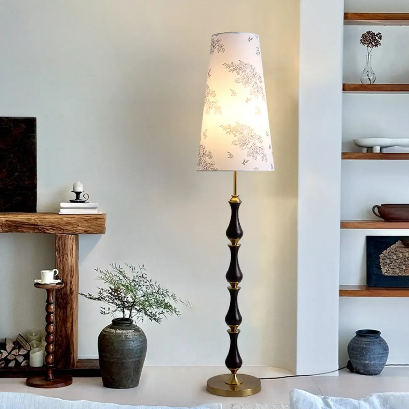 Traditional Vintage Printed Fabric Shade Floor Lamp