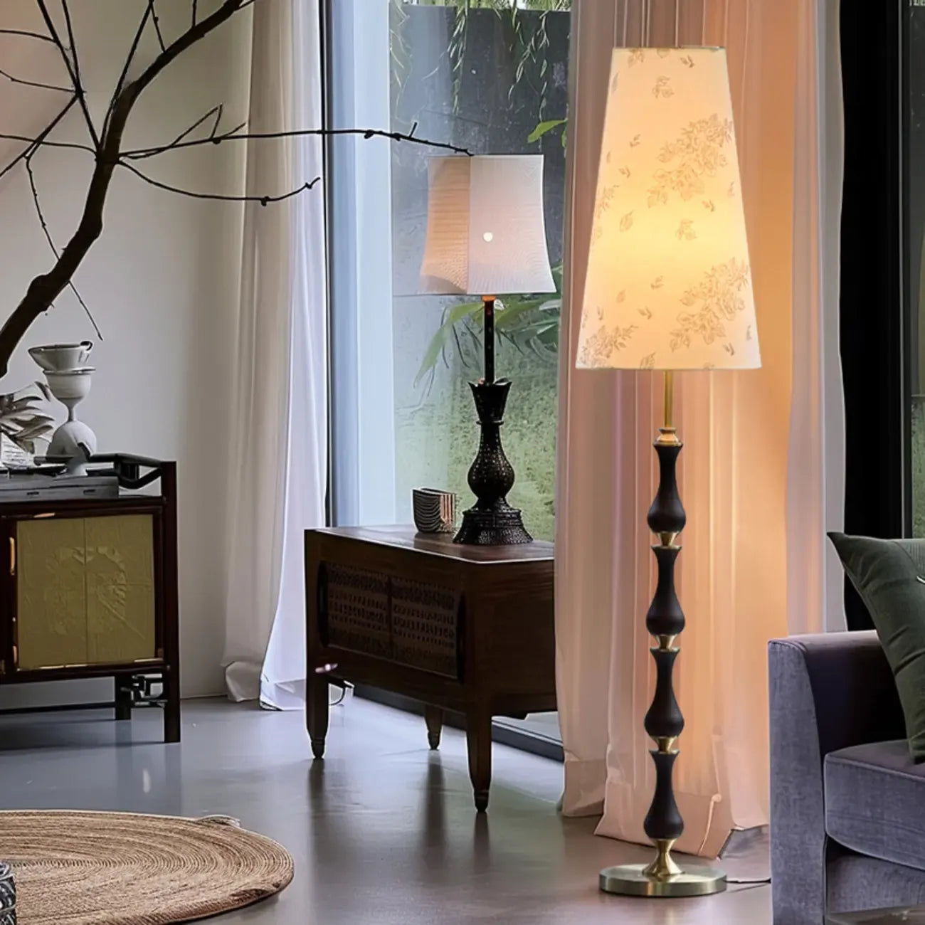 Traditional Vintage Printed Fabric Shade Floor Lamp