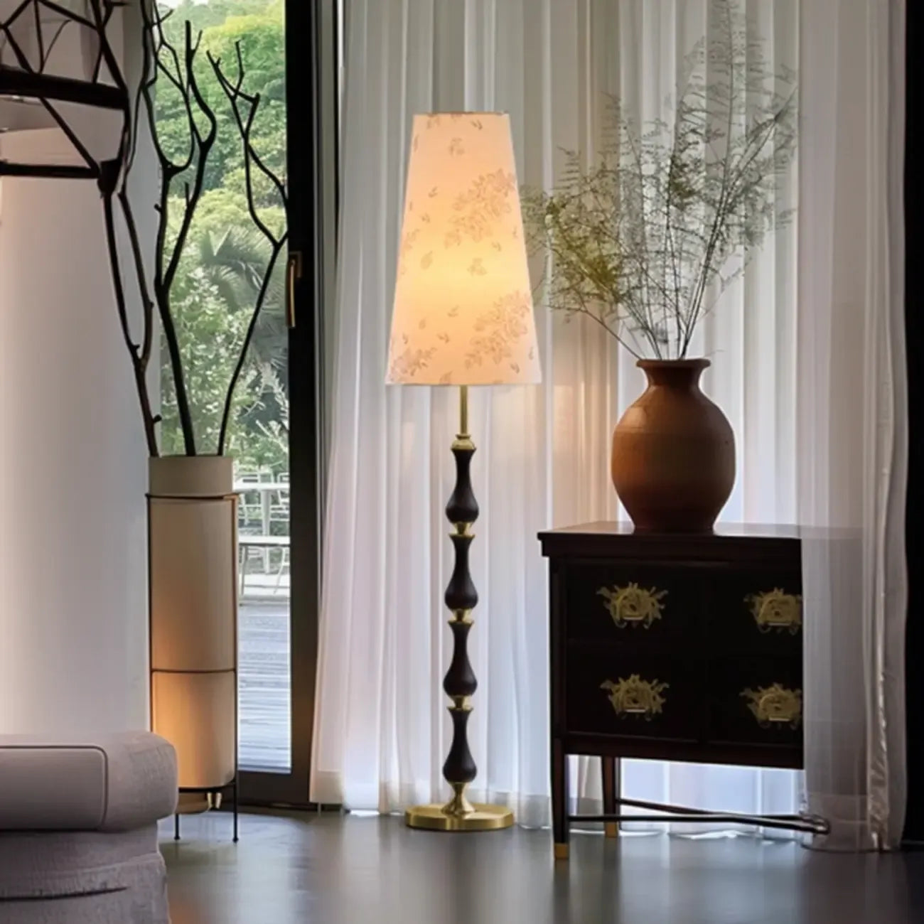 Traditional Vintage Printed Fabric Shade Floor Lamp