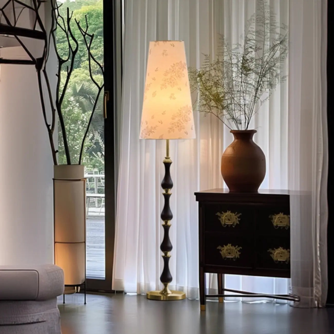 Traditional Vintage Printed Fabric Shade Floor Lamp