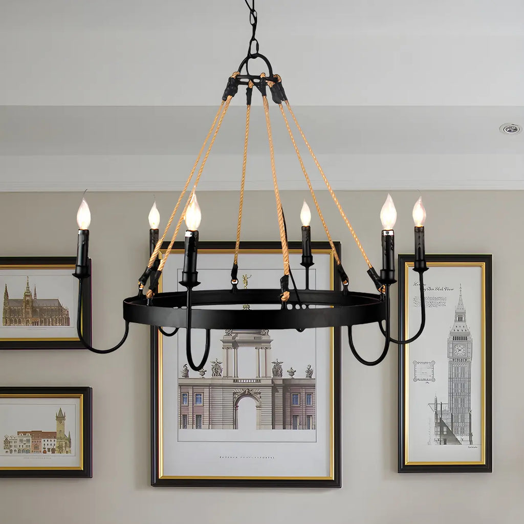 Hemp Rope Industrial Metal Round Candle Chandelier