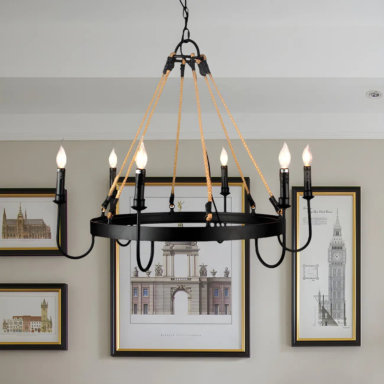 Hemp Rope Industrial Metal Round Candle Chandelier