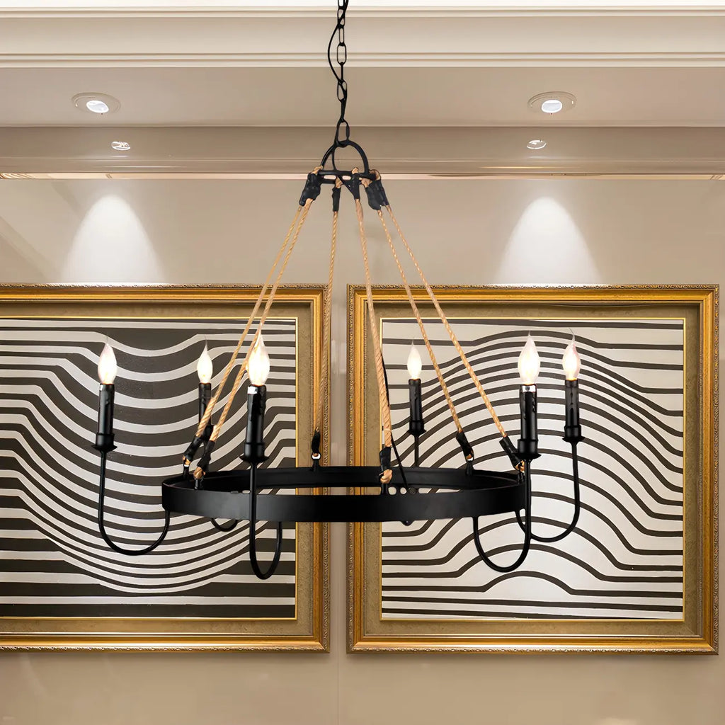 Hemp Rope Industrial Metal Round Candle Chandelier