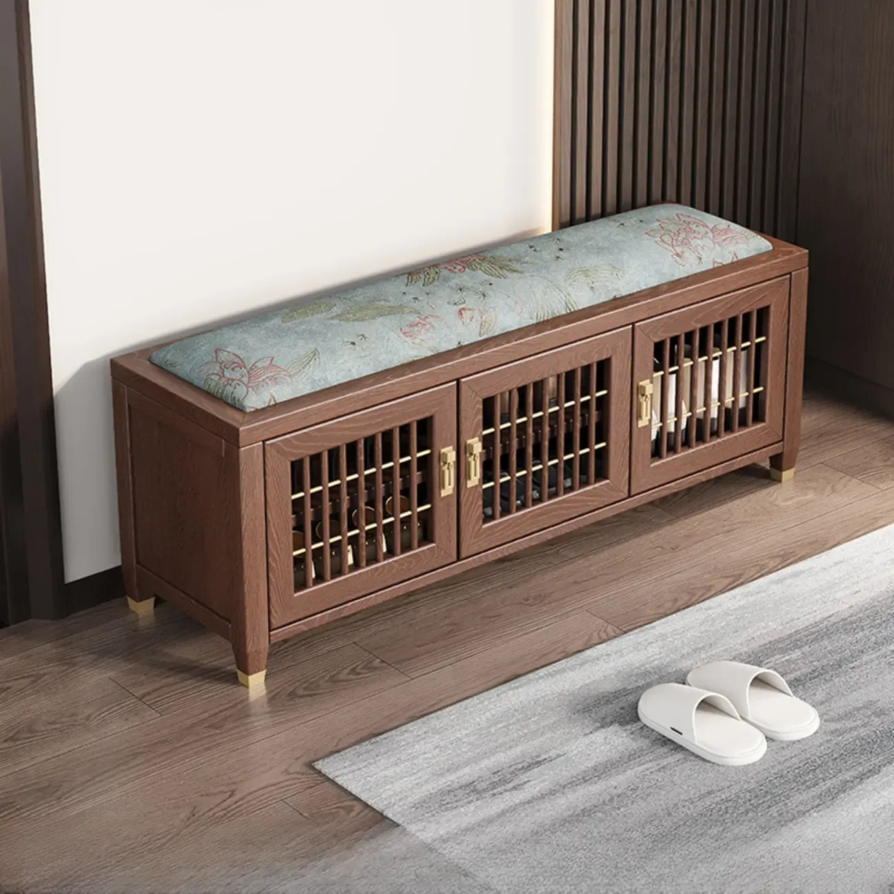 Traditional Wooden Upholstered Bench with Storage Locker