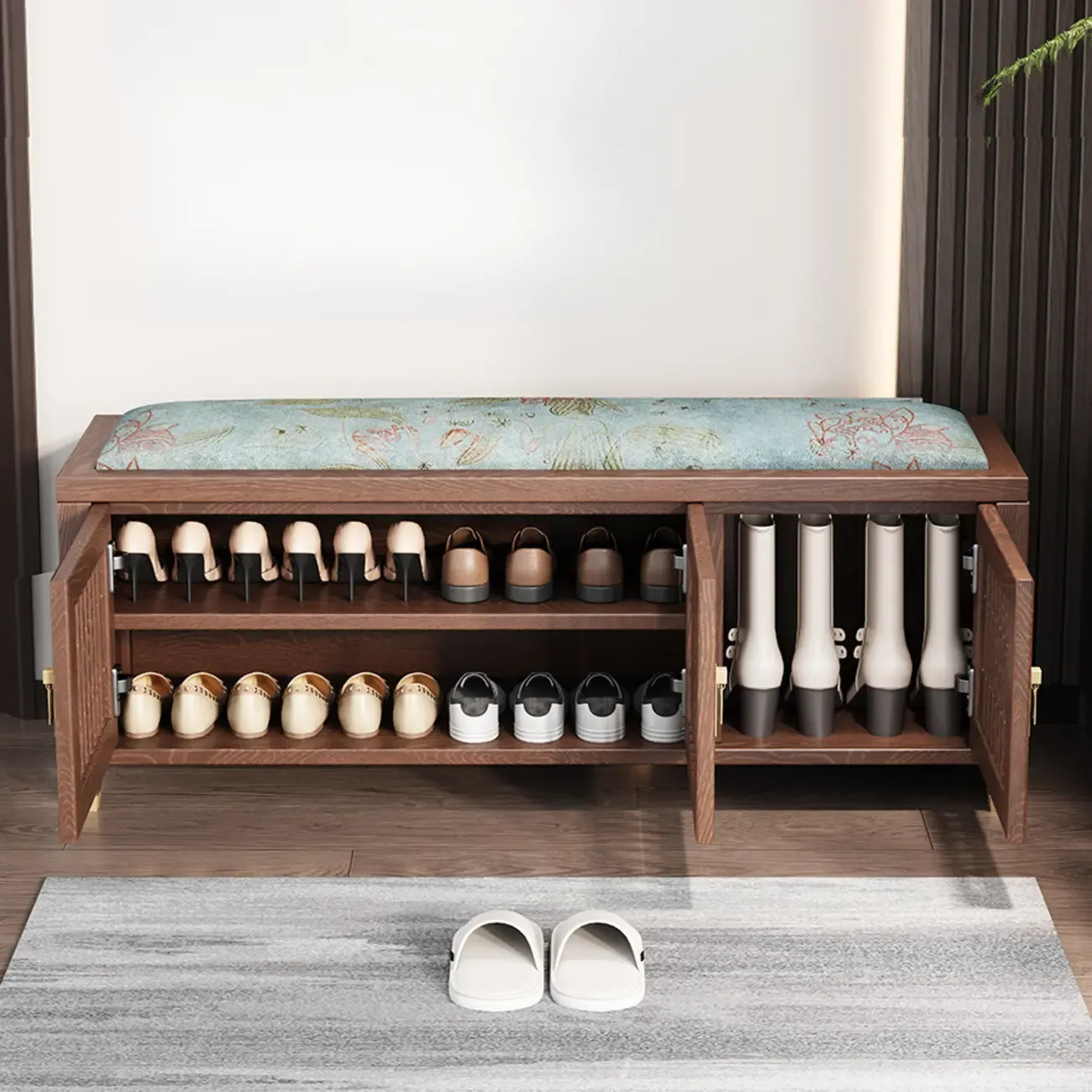 Traditional Wooden Upholstered Bench with Storage Locker