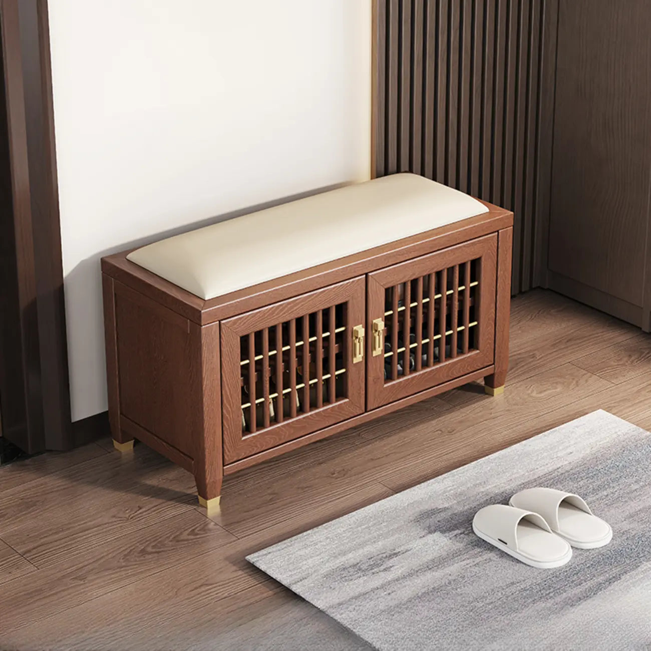 Traditional Wooden Upholstered Bench with Storage Locker