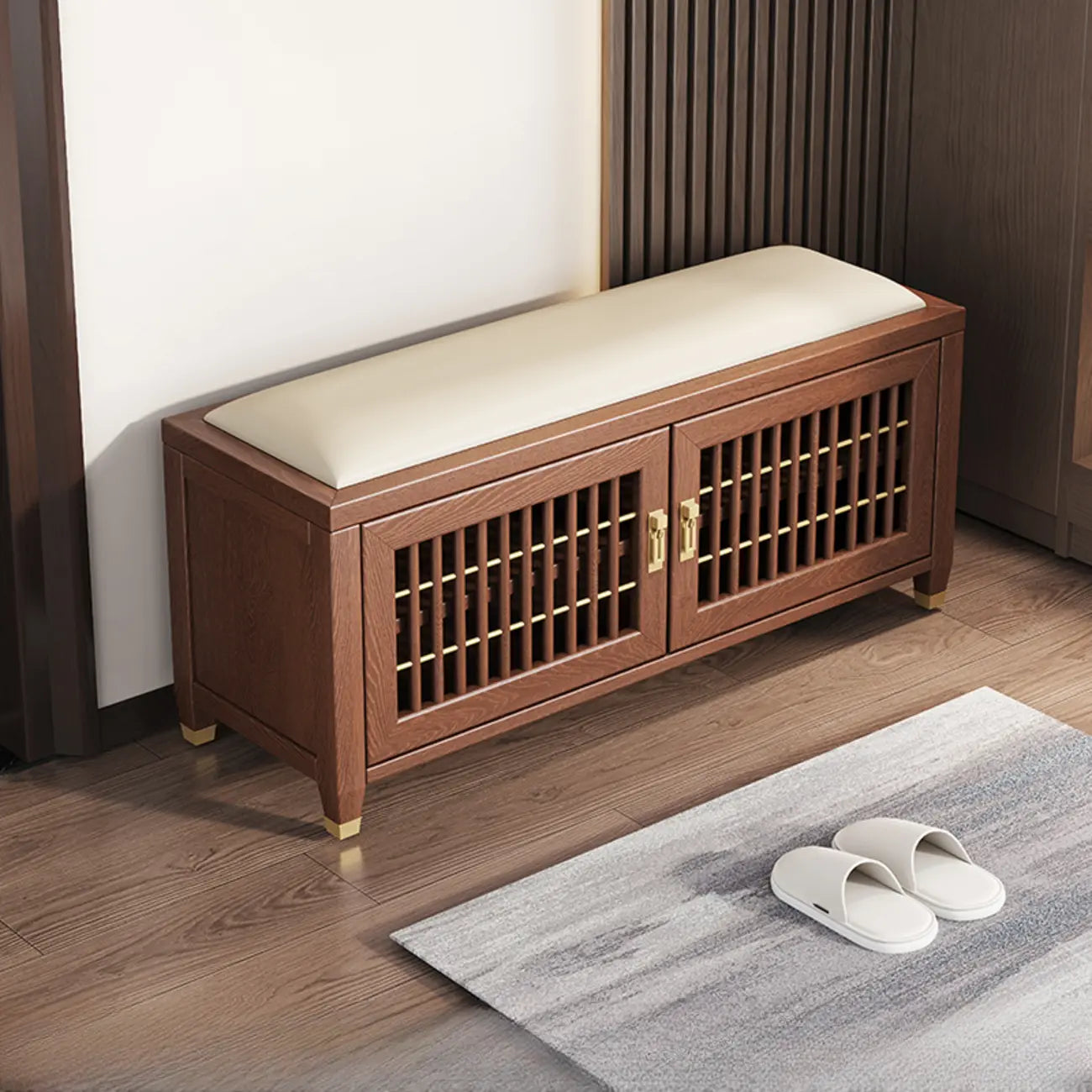 Traditional Wooden Upholstered Bench with Storage Locker