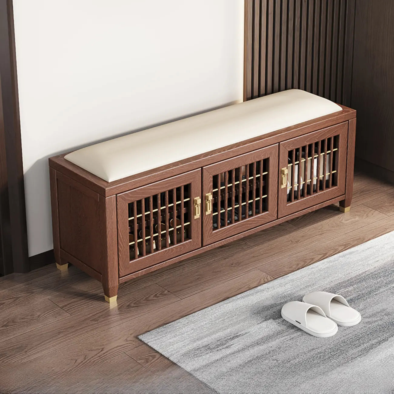 Traditional Wooden Upholstered Bench with Storage Locker