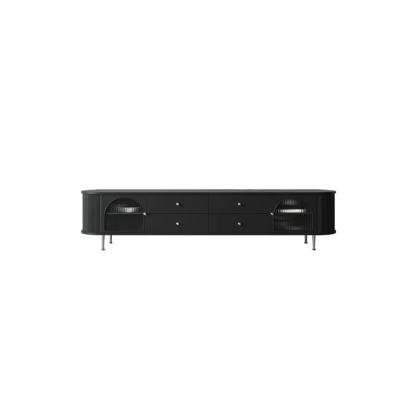 Long 2-Tier Wooden Black TV Stand with Glass Doors