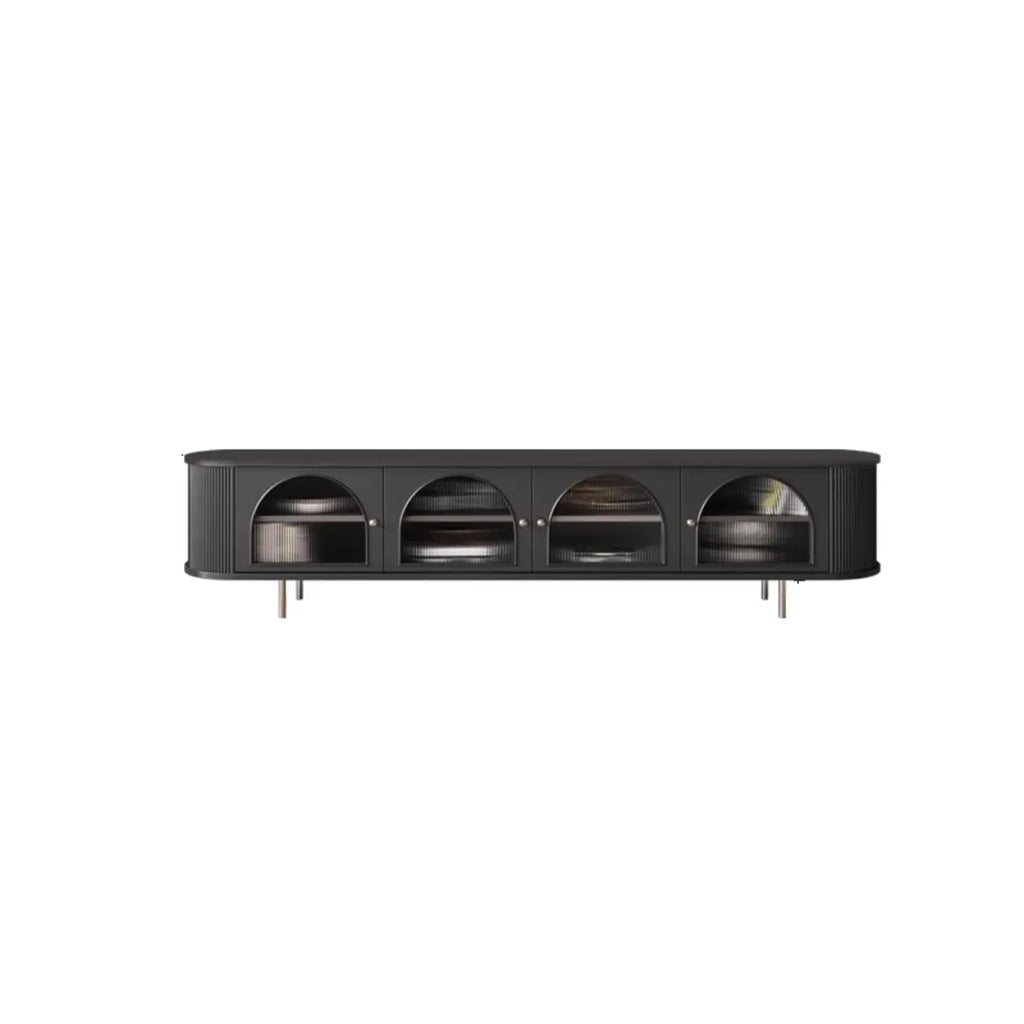 Long 2-Tier Wooden Black TV Stand with Glass Doors