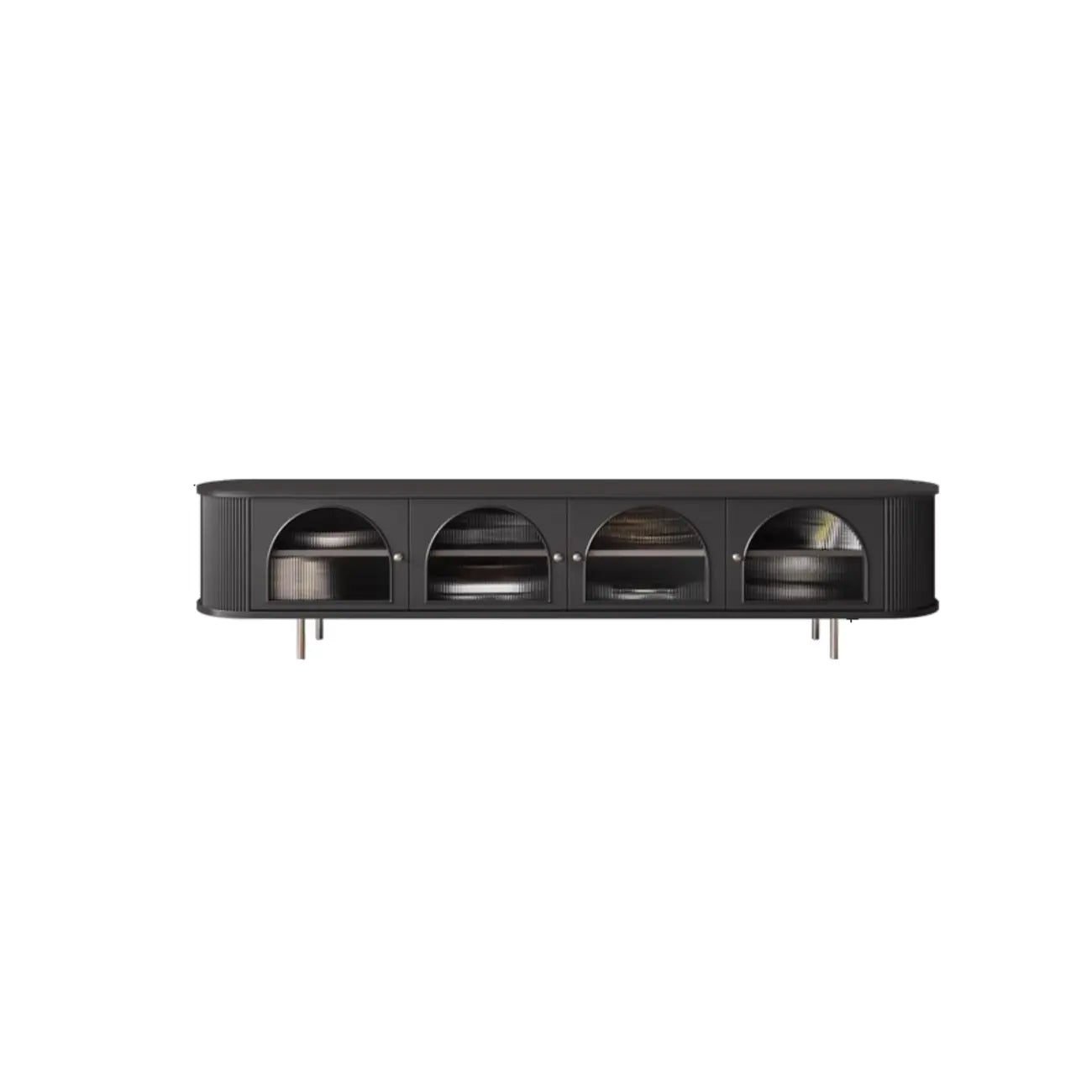 Long 2-Tier Wooden Black TV Stand with Glass Doors
